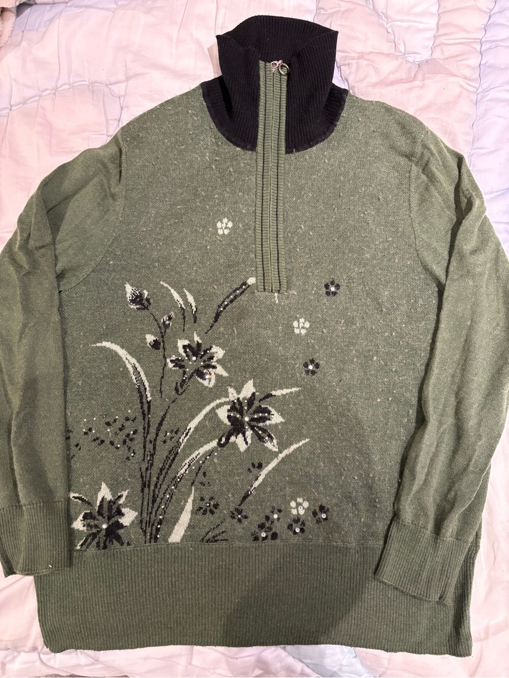 Green Half-Zip Floral Sweater